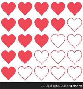 Icon sign rating of love and trust, outline and silhouette of hearts showing the level of trust and love, vector rating heart