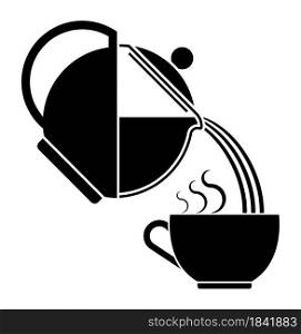 icon silhouette of glass teapot for tea drinking pours hot water into ceramic cup. Breakfast utensils. Black and white vector