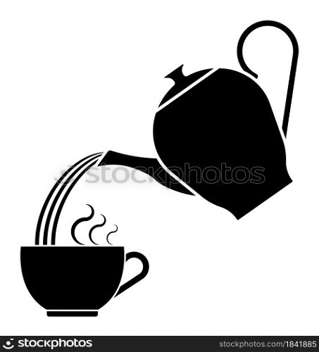 icon silhouette of teapot for tea drinking pours hot water into cup. Breakfast utensils. Black and white vector
