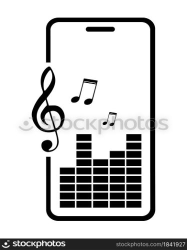Icon. Smartphone with equalizer scale, sound volume and musical notes symbols on screen. Listening to audio on mobile device. Vector