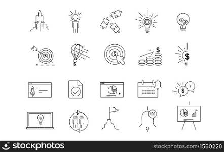 Icon Startup line simple set.Launch Project Business report and Target dollar. Strategy marketing, Management office. Startup technology idea concept. Thin line art style design for business. vector