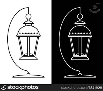 Icon. Street lamp with a candle on a stand. Lanterns and lighting for the holidays. Black and white vector