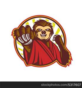 Icon style illustration of a mascot of a Sloth Fighter Self Defense punching fighting viewed from front set inside circle on isolated background.. Sloth Fighter Self Defense Circle Mascot