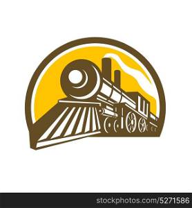 Icon style illustration of a Steam Locomotive railway Train viewed from a low angle set inside Circle on isolated background.. Steam Locomotive Train Icon