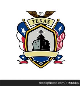 Icon style illustration of a Texas Navy Battleship with Texas Lone Star and Navy Flag on side and American Eagle up top set inside shield crest shape.. Texas Navy Battleship Flag Icon