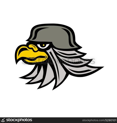 Icon style illustration of an armored Iron Eagle head wearing helmet viewed from side on isolated background.. Iron Eagle Icon