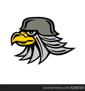 Icon style illustration of an armored Iron Eagle head wearing helmet viewed from side on isolated background.. Iron Eagle Icon