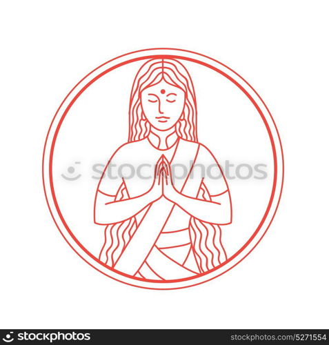 Icon style illustration of an Indian woman lady in a Namaste gesture bowing and hands pressed together, palms touching and fingers pointing upwards set inside circle.. Namaste Icon