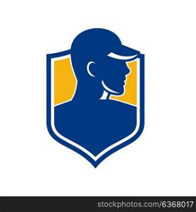 Icon style illustration of an Industrial Worker wearing hat set inside shield Crest on isolated background.. Industrial Worker Crest Icon