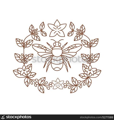 Icon style illustration of Bumblebee member of genus Bombus, part of Apidae with open wing and framed with Coffee Flower floral Leaves on isolated background.. Bumblebee Coffee Flower Leaves Icon