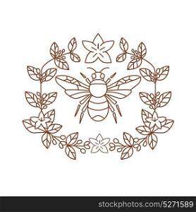 Icon style illustration of Bumblebee member of genus Bombus, part of Apidae with open wing and framed with Coffee Flower floral Leaves on isolated background.. Bumblebee Coffee Flower Leaves Icon