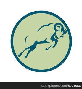 Icon style illustration of s Mountain Sheep Jumping viewed from side set inside Circle on isolated background.. Mountain Sheep Jumping Circle Icon