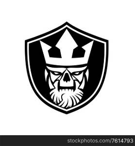 Icon style illustration of skull of Neptune or Posiedon wearing crown viewed from front set inside crest shield on isolated background done in retro black and white style.. Skull of Neptune or Poseidon Wearing Crown Front View Black and White