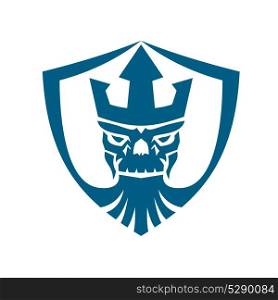 Icon style illustration of Skull of Neptune wearing Trident Crown with beard set inside Crest shield on isolated background.. Neptune Skull Trident Crown Crest Icon