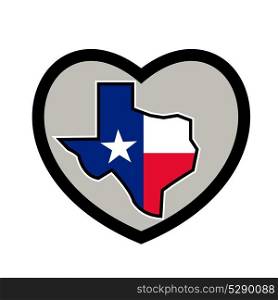 Icon style illustration of Texas Flag wrapped in state Map set Inside Heart on isolated background.. Texas Flag Map Inside Heart Icon