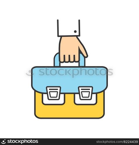 Icon Success Man with a Briefcase in His Hand. Hand briefcase logo icon success. Businessman bag. Office man with briefcase in hand. School bag. Portfolio icon. Thin line outline concept of hand holding briefcase vector illustration