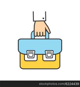 Icon Success Man with a Briefcase in His Hand. Hand briefcase logo icon success. Businessman bag. Office man with briefcase in hand. School bag. Portfolio icon. Thin line outline concept of hand holding briefcase vector illustration