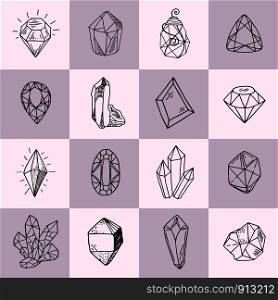 Icon vector outline collection - crystals or gems, symbols set with jewelry gemstones, quartz, minerals, diamonds, hand drawn or doodle illustration. New Crystals Set