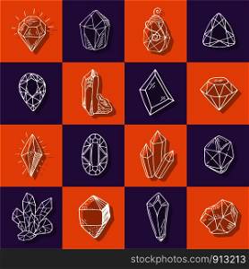 Icon vector outline collection - crystals or gems, symbols set with jewelry gemstones, quarts, minerals, diamonds, hand drawn or doodle illustration. New Crystals Set