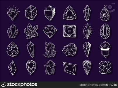 Icon vector outline collection - crystals or gems, symbols set with jewelry gemstones, quarts, minerals, diamonds, hand drawn or doodle illustration. New Crystals Set