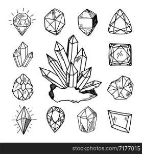 Icon vector outline set - crystals or gems, on white background, symbols collection with gemstones, quartz, minerals, diamonds, hand drawn or doodle illustration. New Crystals Set