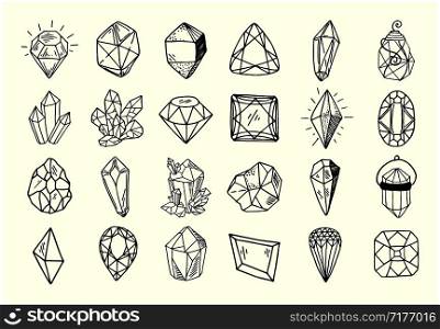 Icon vector outline set - crystals or gems, on white background, symbols collection with gemstones, quarts, minerals, diamonds, hand drawn or doodle illustration. New Crystals Set