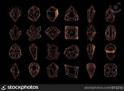 Icon vector outline set - golden line crystals or gems, on black background, symbols collection gemstones, quartz, minerals, diamonds, hand drawn or doodle illustration. New Crystals Set
