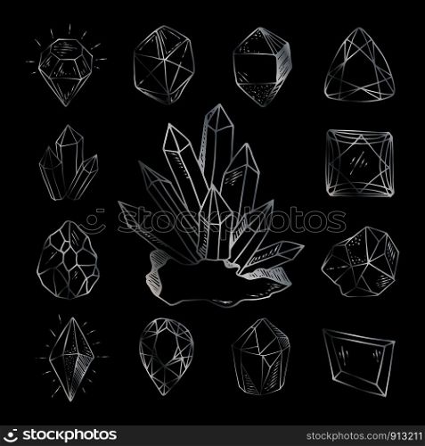 Icon vector outline set - silver metallic crystals or gems, on black background, symbols collection with gemstones, quartz, minerals, diamonds, hand drawn or doodle illustration. New Crystals Set