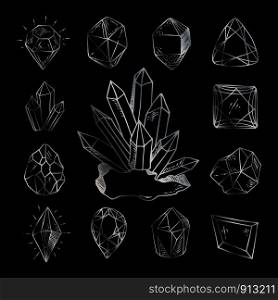 Icon vector outline set - silver metallic crystals or gems, on black background, symbols collection with gemstones, quartz, minerals, diamonds, hand drawn or doodle illustration. New Crystals Set
