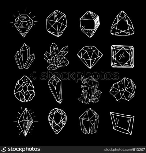 Icon vector outline set - white crystals or gems, on black background, symbols collection with gemstones, quarts, minerals, diamonds, hand drawn or doodle illustration. New Crystals Set