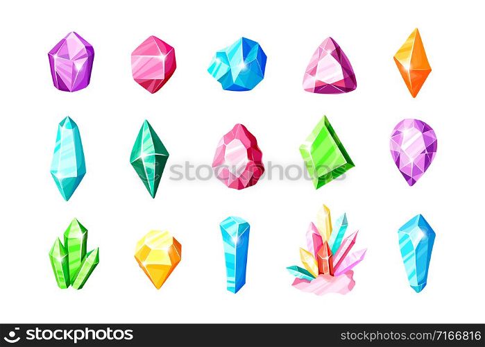 Icon vector set - colorful blue, golden, pink, violet, rainbow crystals or gems, on white background, symbols collection with gemstones, quartz, minerals, diamonds, flat illustration. New Crystals Set and patterns
