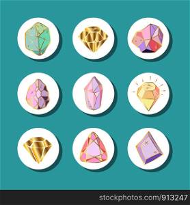 Icon vector set - colorful (blue, golden, pink, violet, rainbow) crystals or gems, on white background, symbols collection with gemstones, quartz, minerals, diamonds, hand drawn or doodle illustration. New Crystals Set