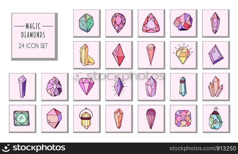 Icon vector set - colorful (blue, golden, pink, violet, rainbow) isolated crystals or gems on white, symbols collection with gemstones, quartz, minerals, diamonds, hand drawn or doodle illustration. New Crystals Set