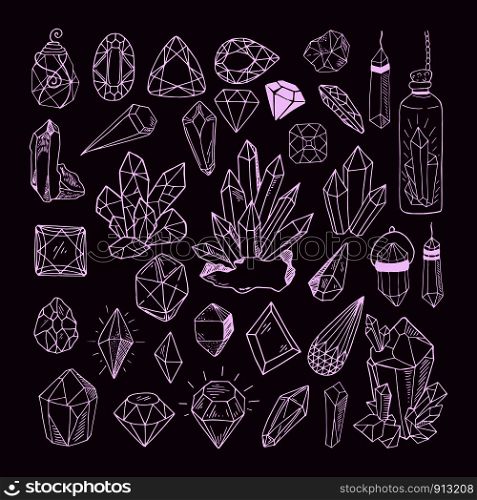Icon vector set - colorful outline crystals or gems, symbols collection with gemstones, quartz, minerals, diamonds, hand drawn or doodle illustration. New Crystals Set
