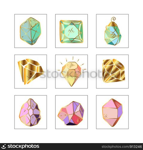 Icon vector set - colorful (turquoise, blue, gold and pink, purple) crystals or gems on white, symbols collection with gemstones, quartz, minerals, diamonds, hand drawn or doodle illustration. New Crystals Set