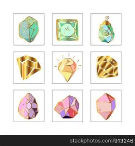 Icon vector set - colorful (turquoise, blue, gold and pink, purple) crystals or gems on white, symbols collection with gemstones, quartz, minerals, diamonds, hand drawn or doodle illustration. New Crystals Set