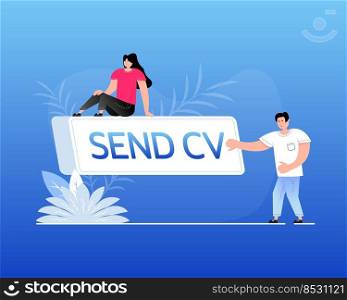 Icon with blue send cv flat button on blue background for web marketing design. Social media element. Flat people. Icon with blue send cv flat button on blue background for web marketing design. Social media element. Flat people.
