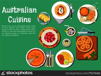 Iconic australian food icon with meat pie, cod roe sandwich with sweet potato, pasta topped with kangaroo steak, hamburger, soda bread damper and steamed dumplings, pavlova cake topped with fresh fruits, beer and soft drinks. Flat style. Traditional australian cuisine dishes flat icon