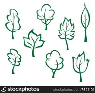Icons and symbols of green trees in cartoon style