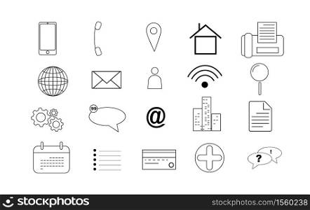 Icons Business for Card and web. Thin Line symbols simple set. business finance card contact information. Info dotted signs. Mobile contact us apps on white background. social media network.