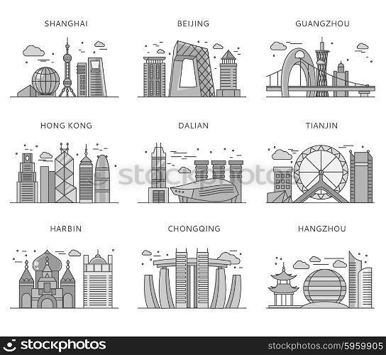 Icons Chinese major cities flat style. Shanghai and china, Beijing and Guangzhou, Hong Kong and Dalian, Tianjin and Harbin, Chongqing and Hangzhou illustration. Black and white color