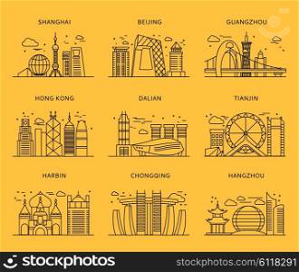Icons Chinese major cities flat style. Shanghai and china, Beijing and Guangzhou, Hong Kong and Dalian, Tianjin and Harbin, Chongqing and Hangzhou illustration. Black and yellow color