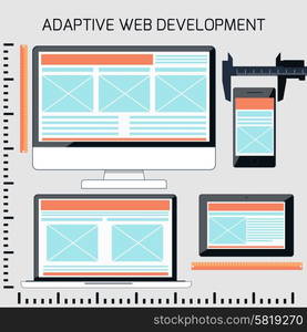 Icons for adaptive web development in flat design. Different screen size device monitors with ruller