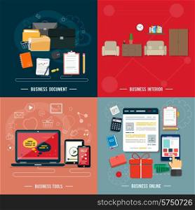 Icons for business tools, interior, business online, documents in flat design