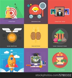 Icons for cash transactions, headwork, strategy planning, business tools start up observation creative team mind mapping brainstorm e-learning time is money. Concept of different icons in flat design