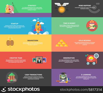 Icons for cash transactions, headwork, strategy planning, business tools start up observation creative team mind mapping brainstorm e-learning time is money. Concept of different icons in flat design