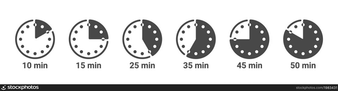Icons for cooking time. Stopwatch icons. Icons of Time in minutes. Vector illustration