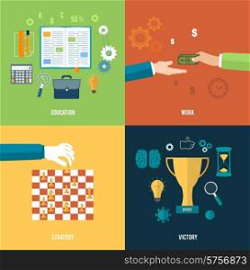 Icons for education, work, strategy, victory and business tools. Concept of different icons in flat design