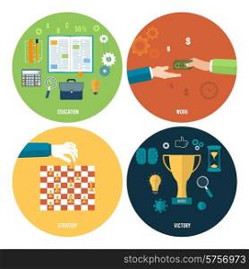 Icons for education, work, strategy, victory and business tools. Concept of different icons in flat design