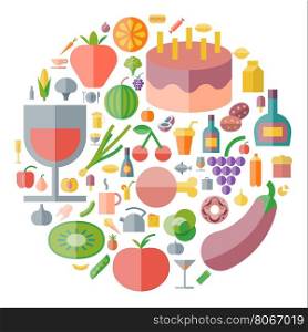 Icons for food and drink arranged in circle. Vector illustration.